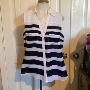 Sleeveless button front striped blouse.